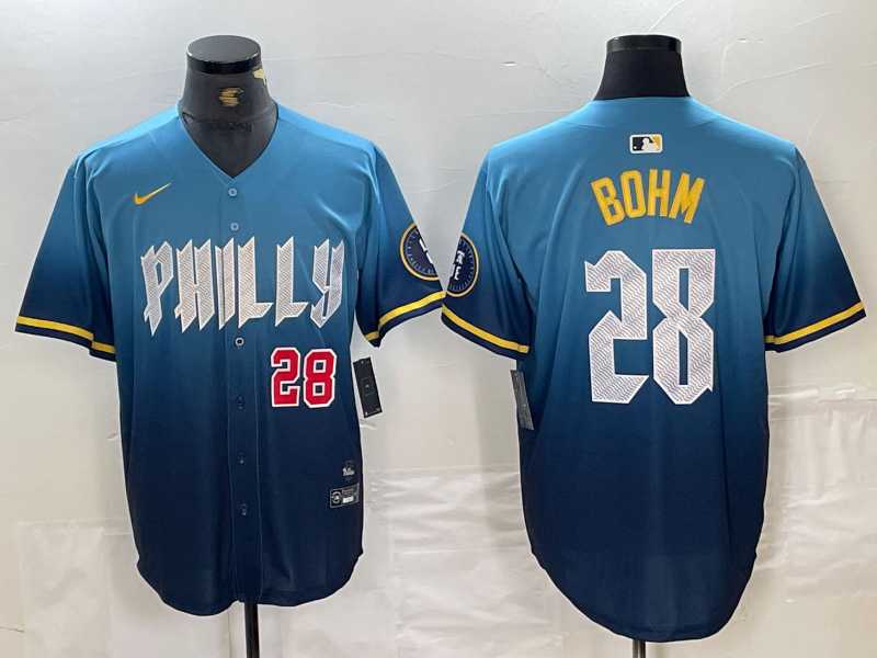 Mens Philadelphia Phillies #28 Alec Bohm Blue 2024 City Player Number Cool Base Stitched Jerseys